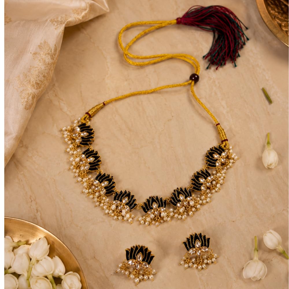 Traditional Black & Gold Lotus Design Necklace Set for Women | Adjustable Dori | Handmade Ethnic Jewelry with Matching Earrings | Wedding, Festival