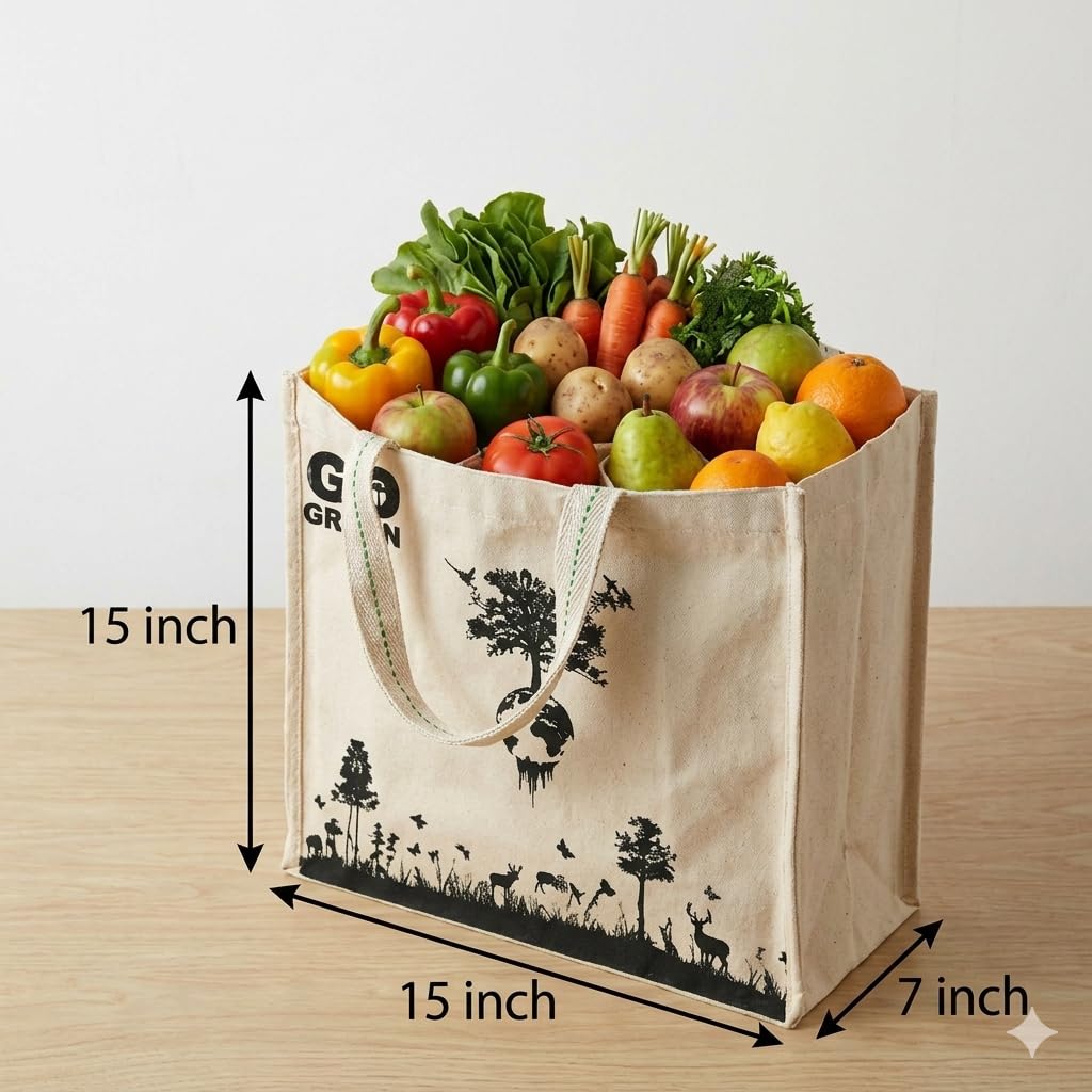 Cotton Canvas Shopping Bag with Pockets for Vegetables and Grocery (LxHxW :15 x15 x 7 Inch, Medium Size)