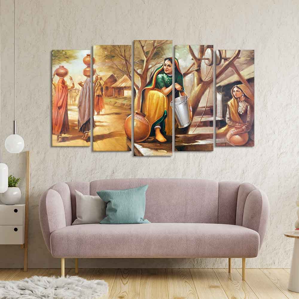 VIBECRAFTS A Woman Filling Water in a Pot Frame Painting of Five Pieces For Home|Office|Living Room|Gift (PTVC5Pcs2_6569N)
