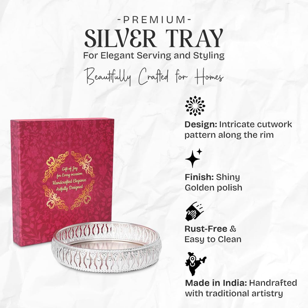 R Ayurveda Copper Round German Silver Plated Tray| Round Decorative Tray | Best Gift for Pooja | Décor | Diwali | Anniversary | House Warming | Birthday (Pack of 1) Size: 6x6 Inches with Gift Box