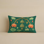 STITCHNEST Satin Cushion Covers Green Ethnic Print with Cow, Lotus & Bell Art, 12x18 Inch (Pack of 2)