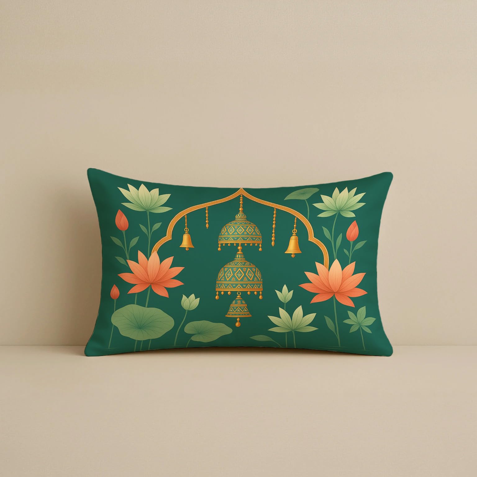 STITCHNEST Satin Cushion Covers Green Ethnic Print with Cow, Lotus & Bell Art, 12x18 Inch (Pack of 2)
