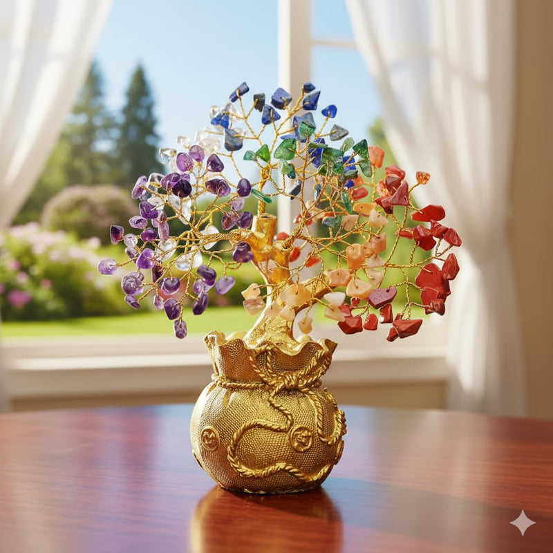 7 Chakra Crystal Tree with Golden Money Bag Base | Natural Gemstone Money Tree for Wealth Prosperity & Positive Energy | Feng Shui Vastu Tree for Home Office Decor & Good Luck Gift
