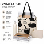 HOMELYA Black Cat Printed Zippered Canvas Tote Bag for Women Eco Friendly Reusable Grocery Shoulder Handbag Large Capacity Shopping Bag for Office College Travel Daily Use