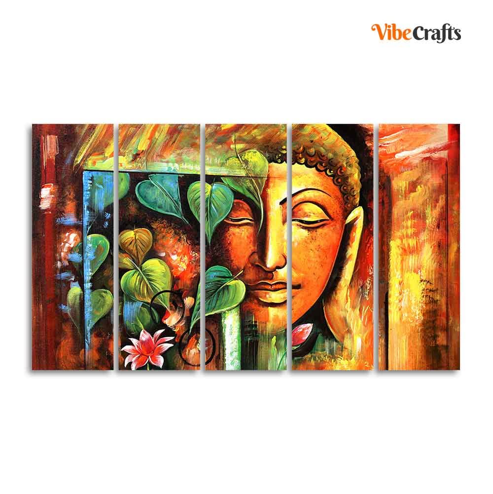VIBECRAFTS Divine Gautama Buddha Face Premium Frame Wall Painting Set of Five For Home|Office|Living Room|Gift (PTVC5Pcs4_8696)
