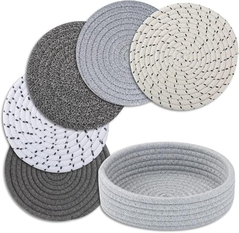 Mansa for Hot Dishes, Pots and Pans, Hot Pads with Storage Basket, Pot Holders for Kitchen, Heat Resistant Mat Protect Counter Home Essentials, Farmhouse Decor (Pack of 5 with Cover) Multi Grey Kafalo