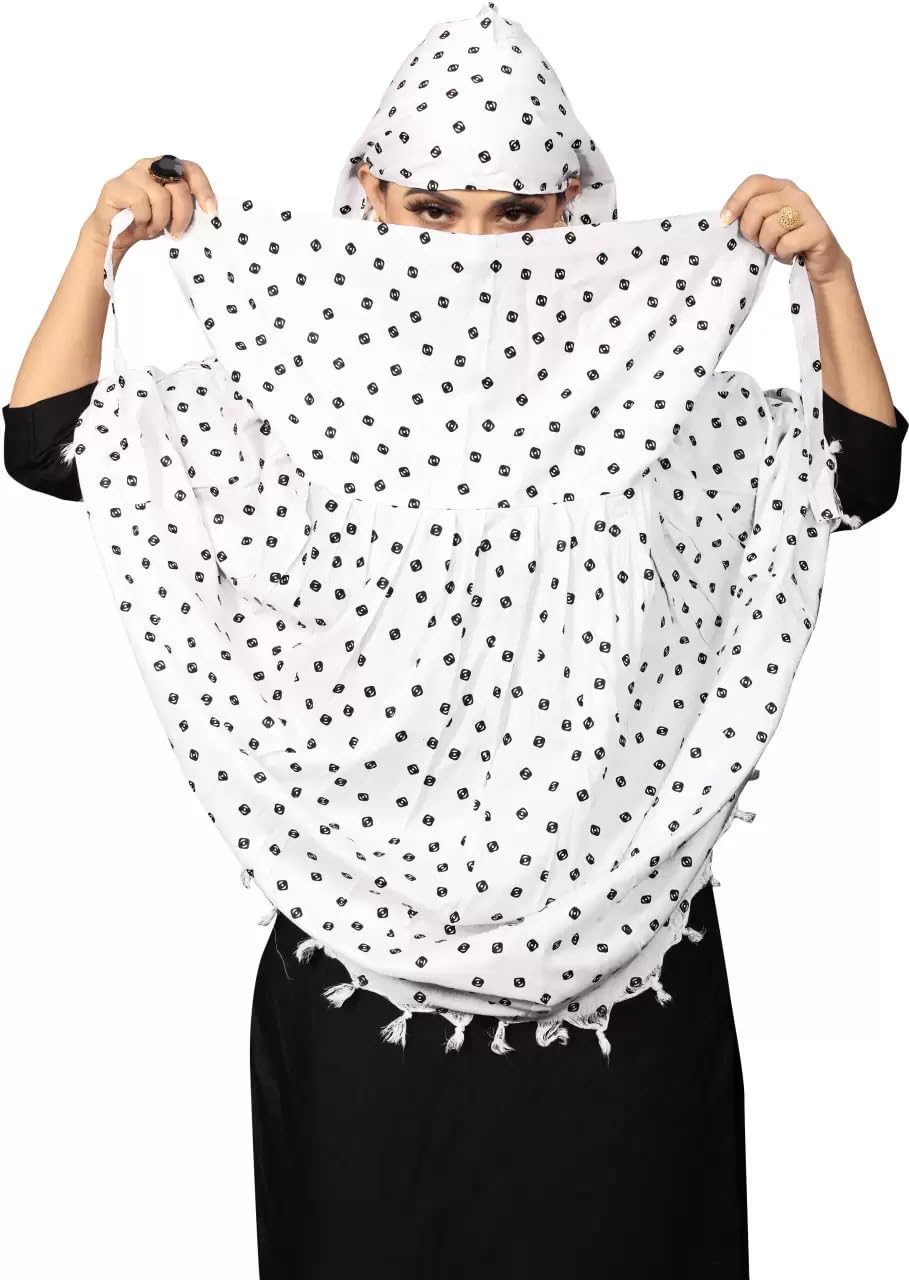 Navvi Pure Cotton Printed White Scarf for Women & Girls | Scarf with Head Cover | Scarves |Bandana| Hijab | Dupatta | Protection from Sunlight, Dust | Usable for Scooty, Bike
