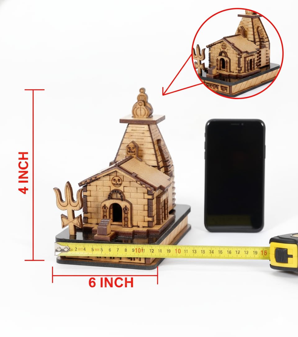 Poveria Wooden Kedarnath Temple Model | Shri Kedarnath Dham Miniature Temple with Trishul | Laser-Cut Wooden Mandir Showpiece for Home, Office Decor & Gift Purpose | Spiritual Desk Decor Idol