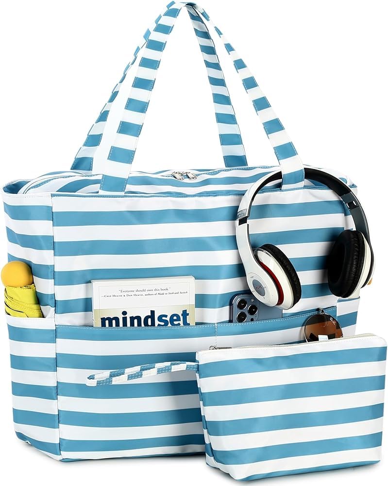 hirTa Cery Tote Bag with Makeup Pouch for Teacher Women Office Girls Work Multipurpose Shoulder HandBag for Travel Grocery Beach Hobo Diaper Changing Sandproof Pool - White and Blue