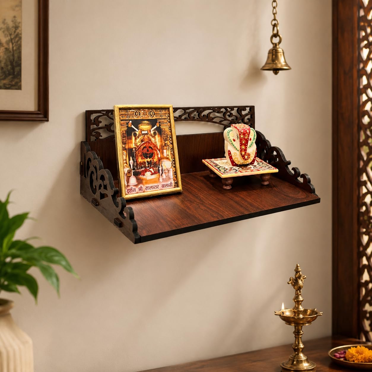 Zesta Wooden Mandir for Home Big Size | DIY Pooja Mandir with LED Spot Light | Devghar Cabinet for Living Room or Office | Wall Mounted Pooja Unit for Home (Brown_Small)