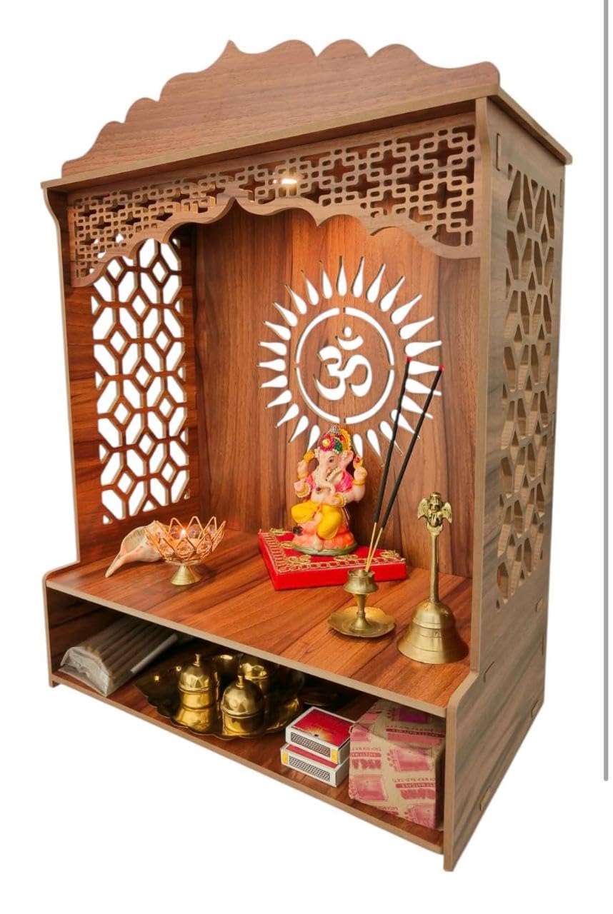Bien Verrerie Wooden Home Temple/Mandir for Pooja, Built-in Light, Decorative Jali Work, Including Top 21 inches Tall Temple for Home, Office and Shop