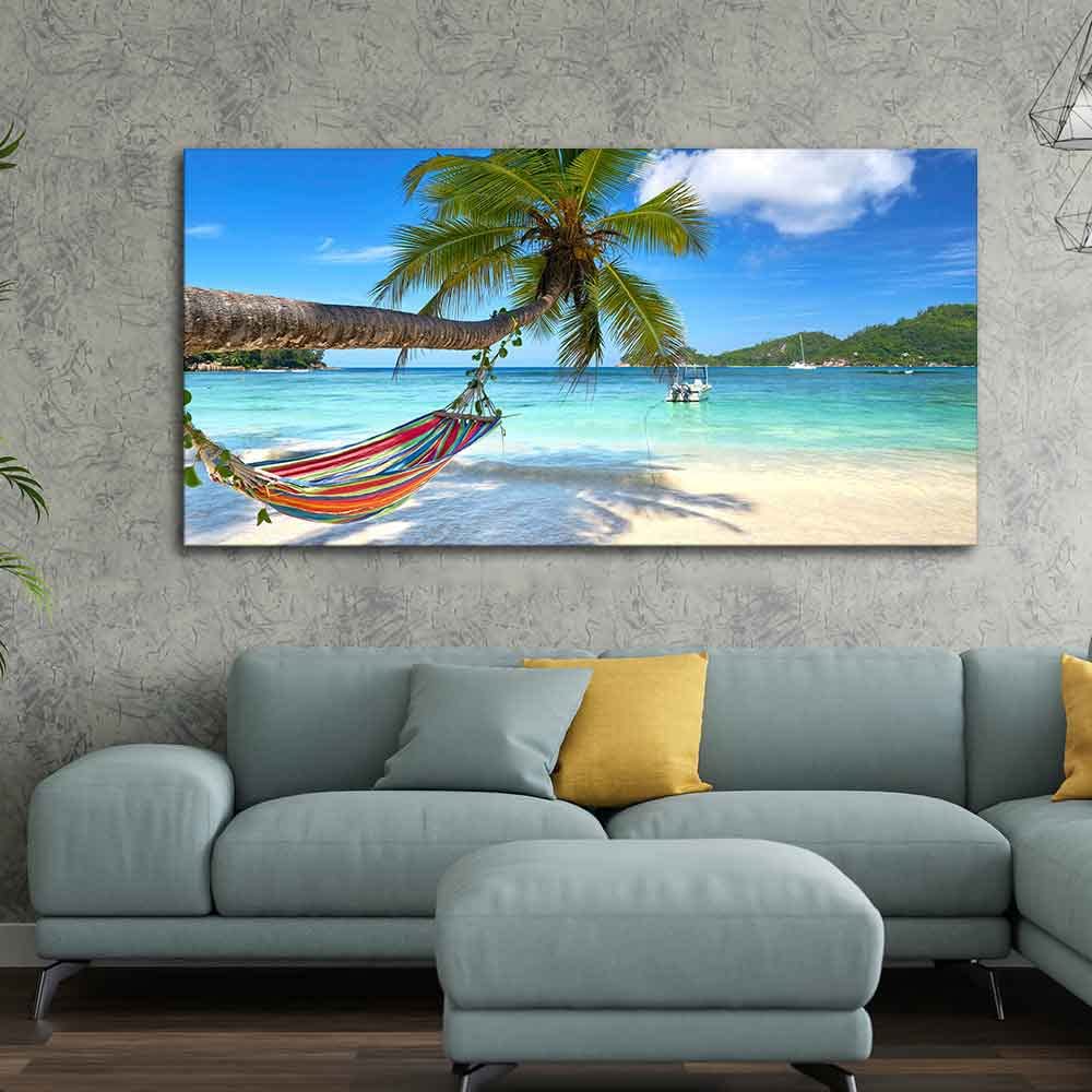 VIBECRAFTS Canvas Paintings for Living Room Drawing Room Perfect Beach with Palm Tree and Hammock Canvas Wall Hanging for Home|Office|Gift(PTVCH_2384)