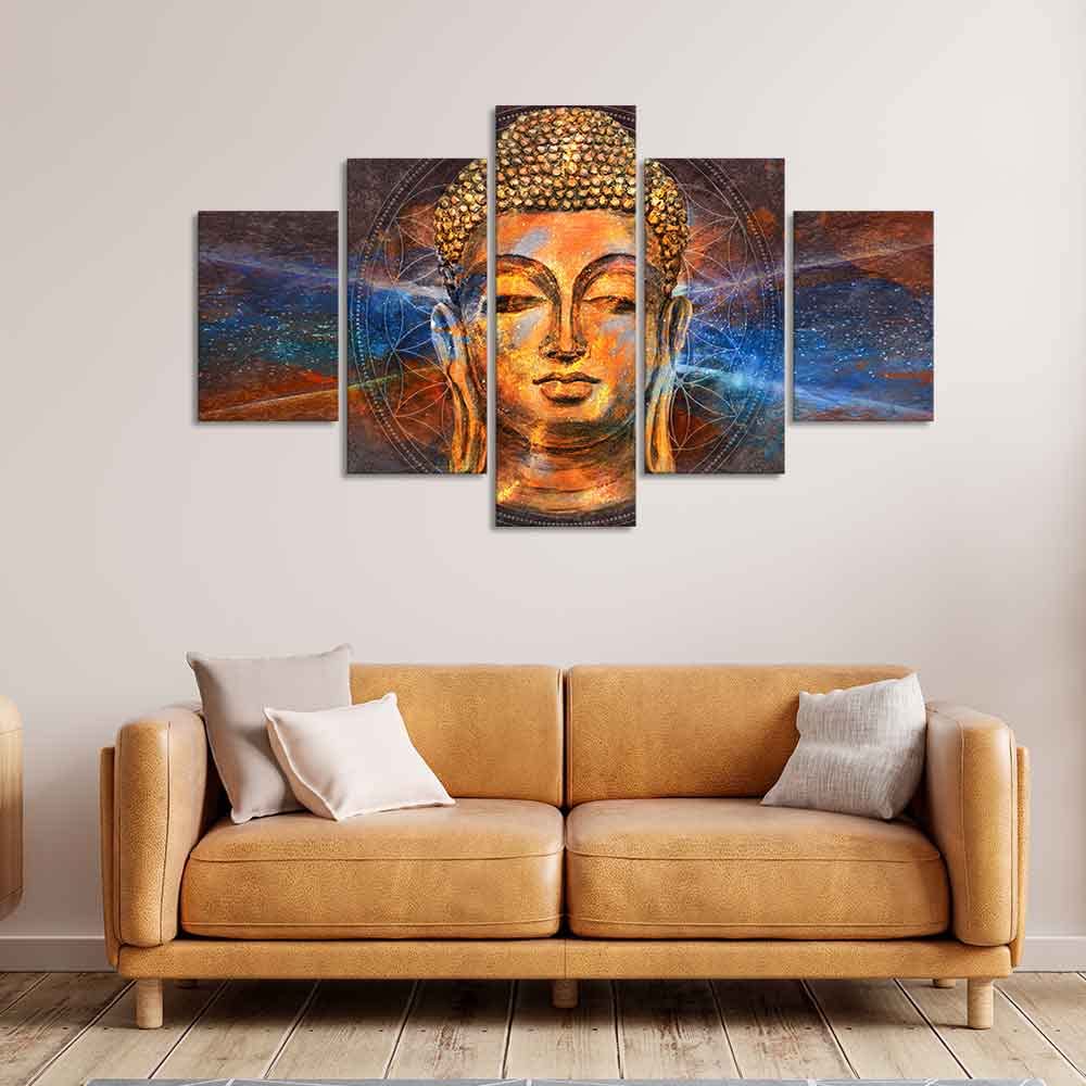 VIBECRAFTS Gautam Buddha Head Canvas Wall Painting of Five Pieces For Home|Office|Living Room|Gift (PTVC5Pcs1_5524)