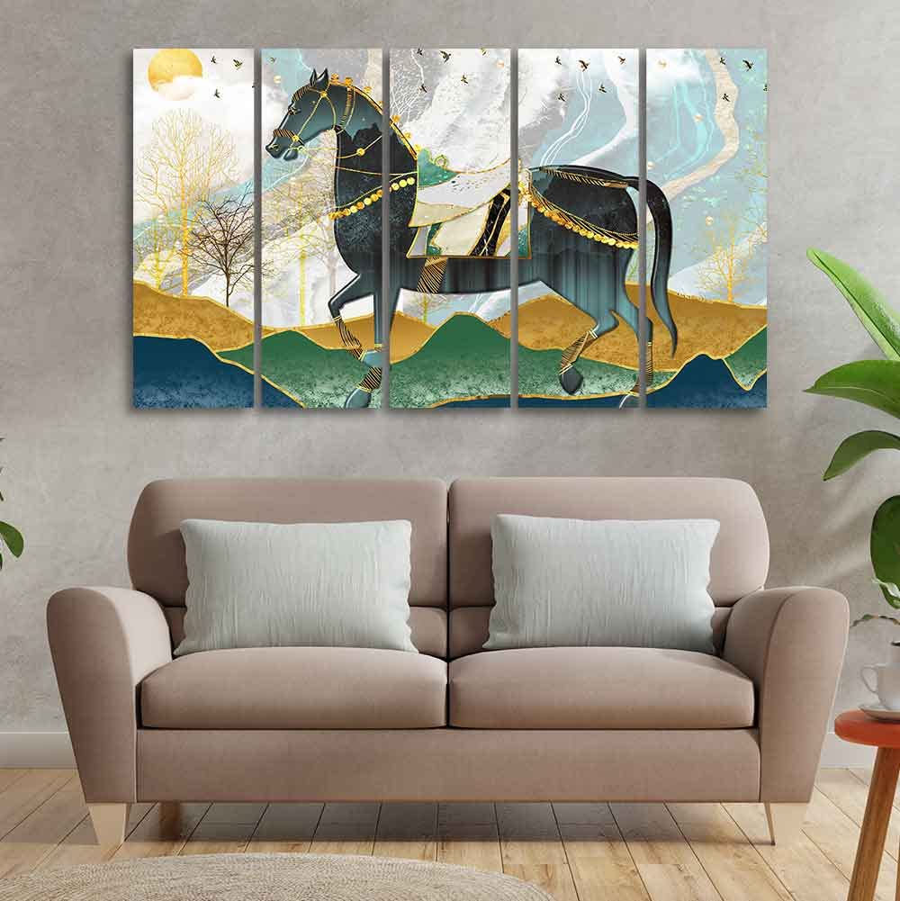 VIBECRAFTS Premium Wall Painting of Horse and Golden trees with Colored Mountains of Five Pieces For Home|Office|Living Room|Gift (PTVC5Pcs4_8727)