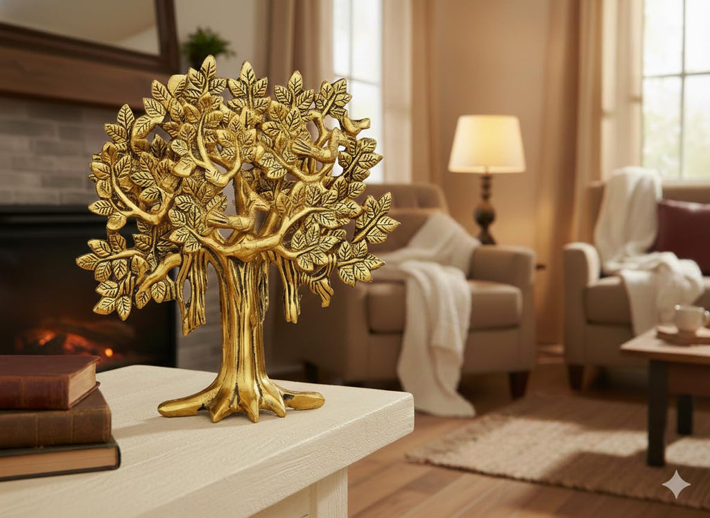 Metal Kalpavriksha Tree for Home Decor - Golden Wish Fulfilling Tree Metal Showpiece for Temple, Vastu, Office Table & Gifting Banyan (No 2 Golden)
