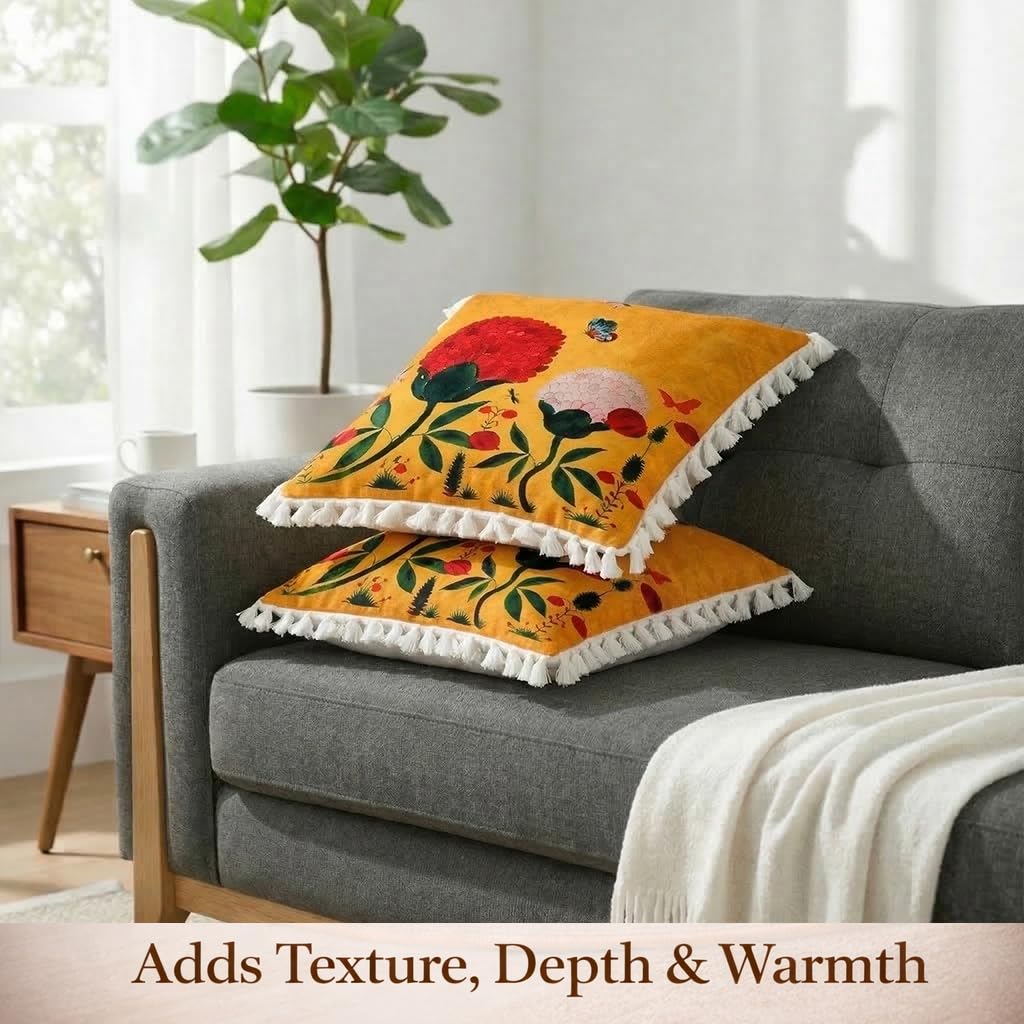 STITCHNEST 'Little Meadow Series' Tassled Cushion Cover | Set of 2 | Floral Cushion Cover 16 inch x 16 inch