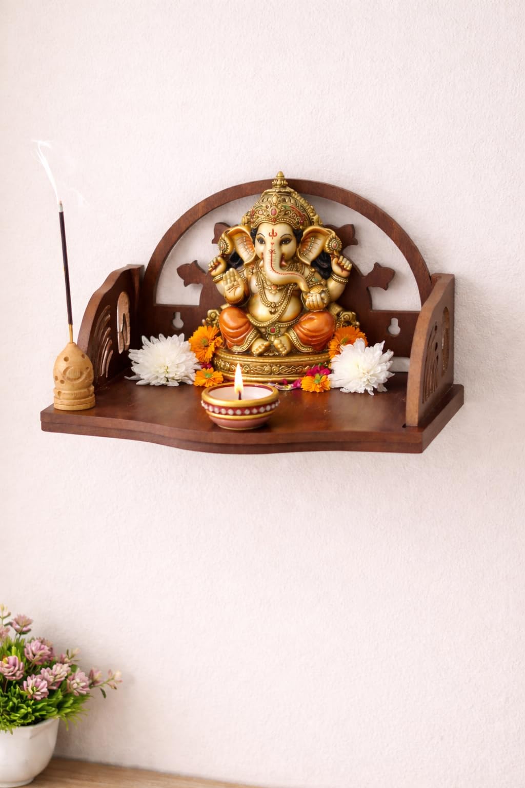 BerryBox Wooden Pooja Mandir for Home Office & Shop - Beautiful Brown Wood Temple for Home Wall Hanging | Exquisite Pooja Stand for Daily Prayer & Sacred Decor | Compact Devghar Mandapam (Brown)