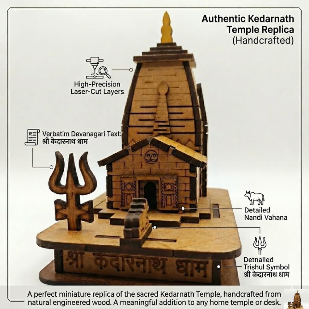 Handcrafted Wooden Kedarnath Temple Model with Trishul – Miniature Lord Shiva Temple Showpiece for Home Décor, Pooja Room, Office Desk, Spiritual Gift & Souvenir Item (11.43 x 7.62 x 11.43 cm)