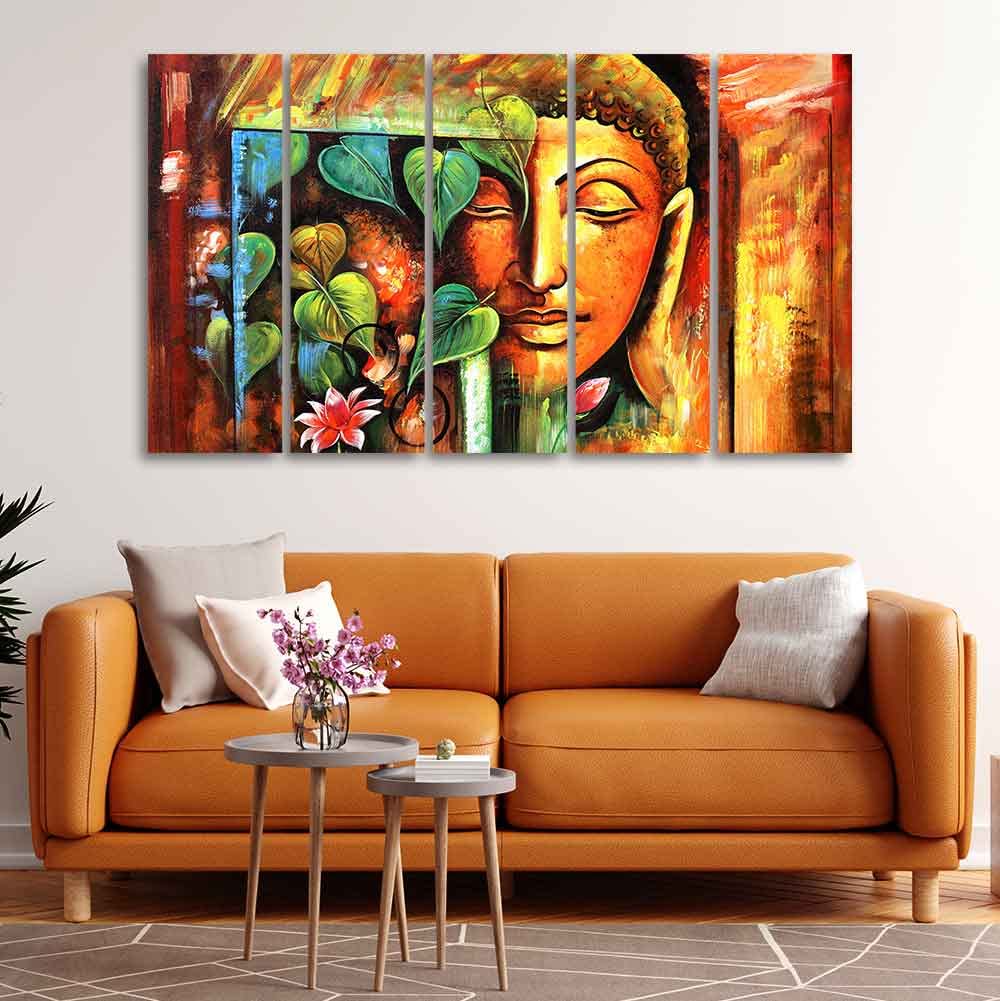 VIBECRAFTS Divine Gautama Buddha Face Premium Frame Wall Painting Set of Five For Home|Office|Living Room|Gift (PTVC5Pcs4_8696)