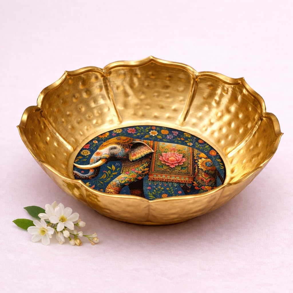 Kaari Tales Hammered Golden Lotus Urli Bowl with Royal Elephant Art | Decorative Metal Pooja Urli for Floating Flowers, Festive Décor & Centerpieces | Scalloped Edge Lotus Design