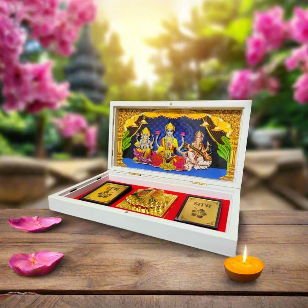 Enchanting Krystals Soulwise Festive Diwali Gift | Laxmi Ganesh Saraswati Portable Temple for Prosperity, Wisdom & Luck Diwali Housewarming Gift for Blessings & Success.