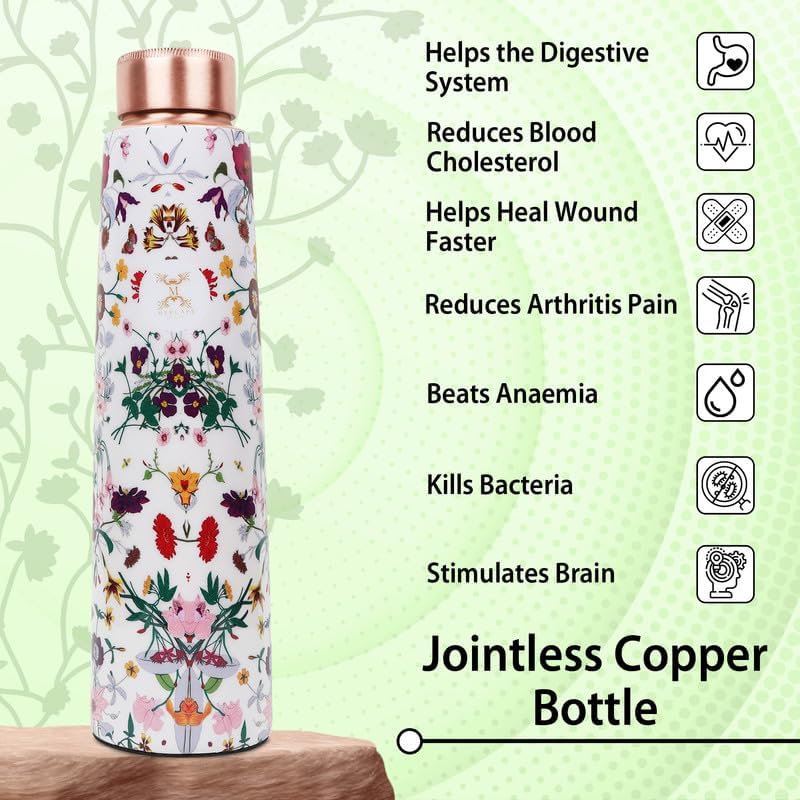 MERCAPE Pure Copper Water Bottle 900 ml | Floral Printed Designer Finish | Jointless Construction | Leak-Resistant Screw Cap | Reusable Water Bottle for Home, Office, Yoga & Travel