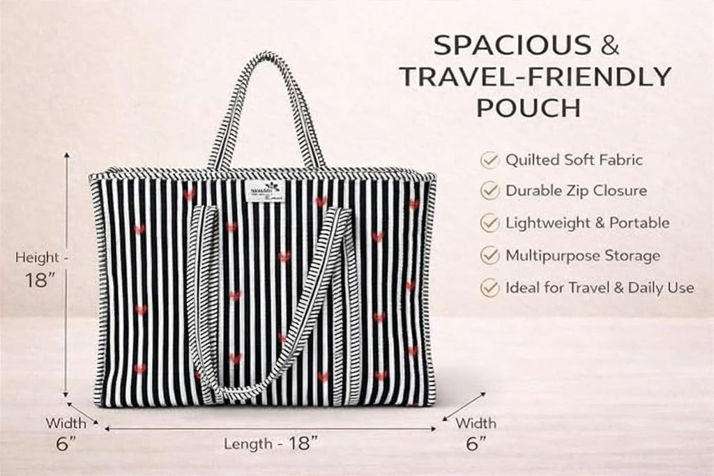 NAYASHI Big Size Quilted Cotton Tote Bag | Black & White Vertical Stripes Print | Inner Pocket & Heavy Metal Zipper | Reusable Shoulder Bag for Shopping, Office & Travel | 18 x 18 Inches