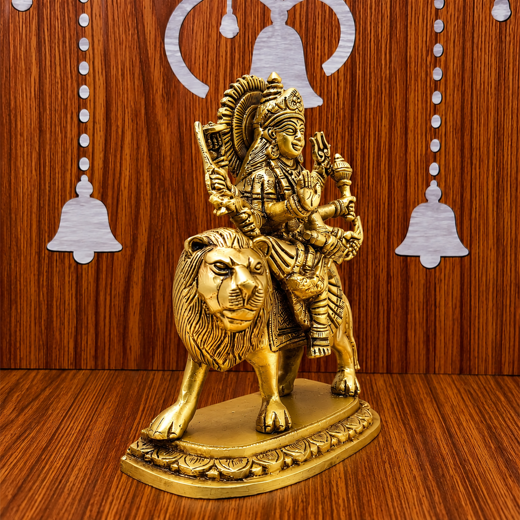 Brass Goddess Durga Sitting on Lion Statue (8.5 Inch) Vedansh Craft