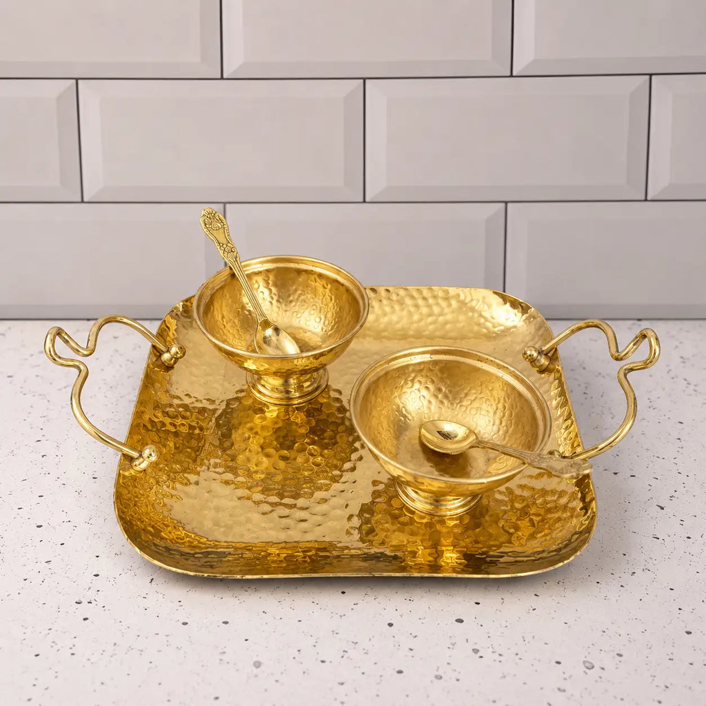 Brass Hammered Serving Tray / Platter With Bowl and Spoon Set With Velvet Box Vedansh Craft