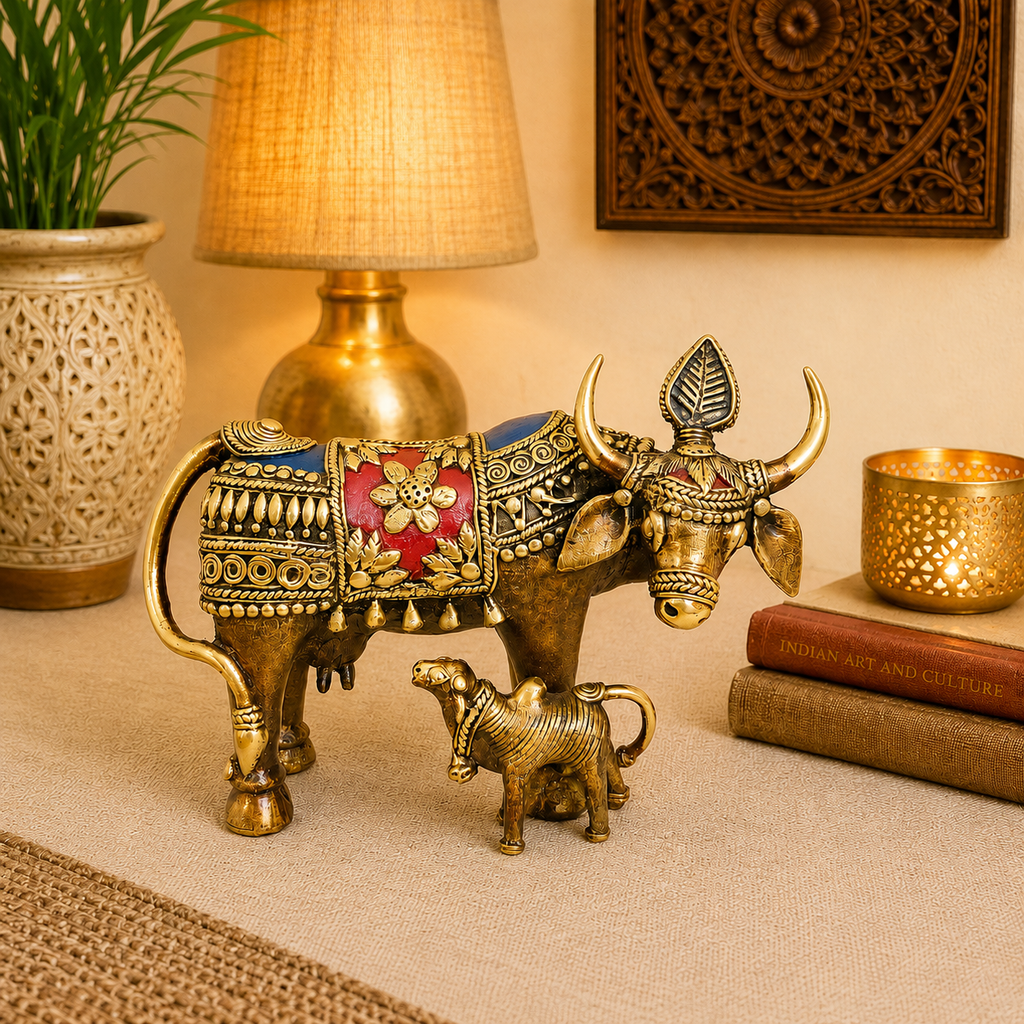 Brass Dhokra Kamdhenu Cow with Calf Statue (6.5 Inch) Vedansh Craft