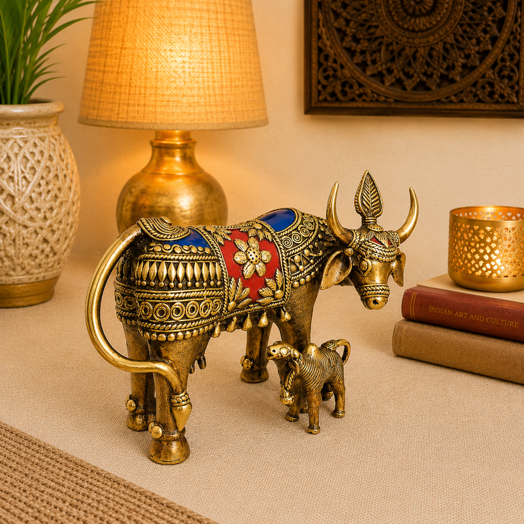 Brass Dhokra Kamdhenu Cow with Calf Statue (6.5 Inch) Vedansh Craft
