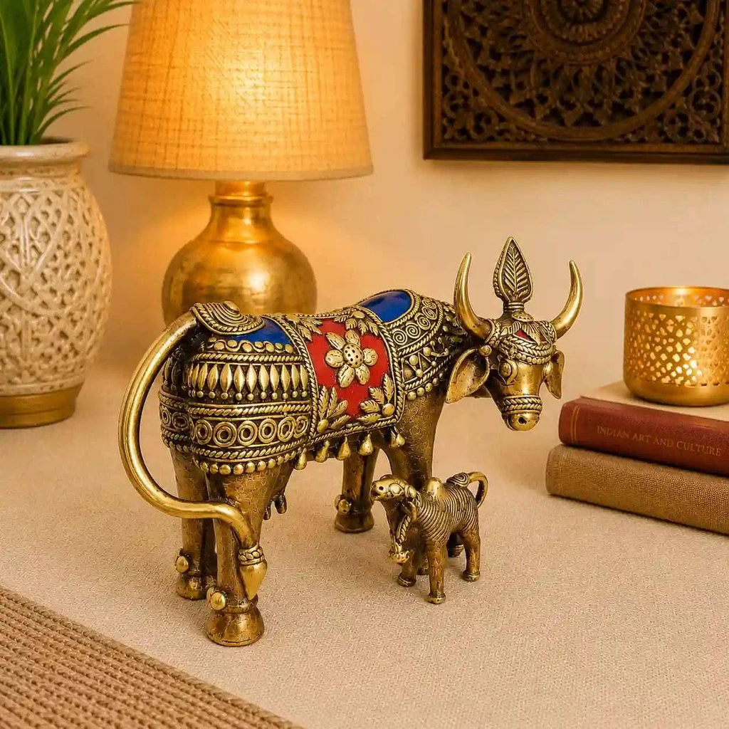 Brass Dhokra Kamdhenu Cow with Calf Statue (6.5 Inch) Vedansh Craft