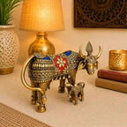 Brass Dhokra Kamdhenu Cow with Calf Statue (6.5 Inch) Vedansh Craft