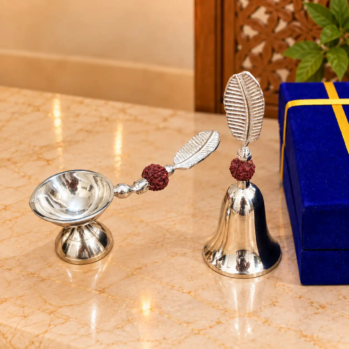 Brass Silver Plated Rudraksh Handbell and Aarti Diya Set With Velvet box Vedansh Craft