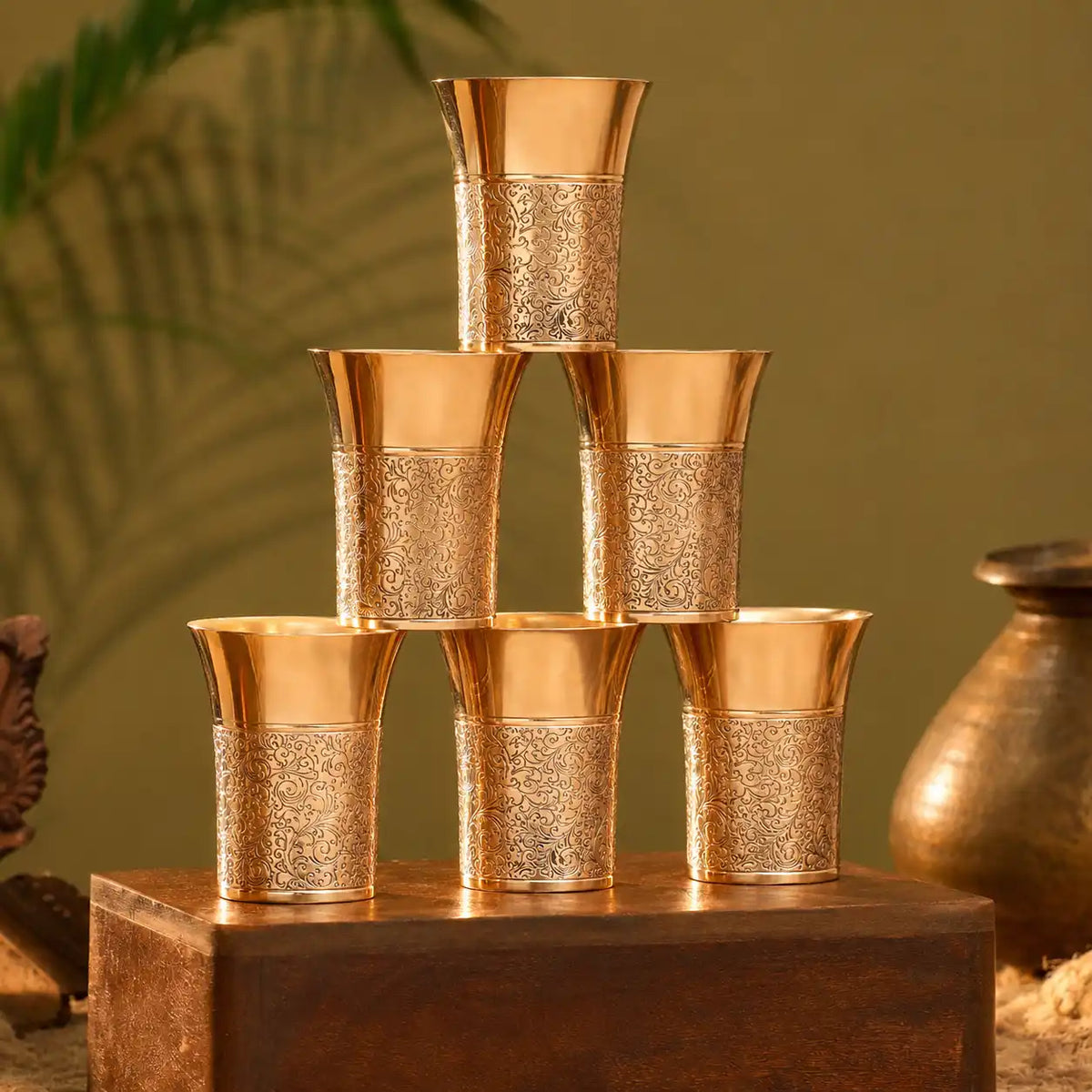 Brass Hand Carved Glass Pair (4.1 Inch) Vedansh Craft