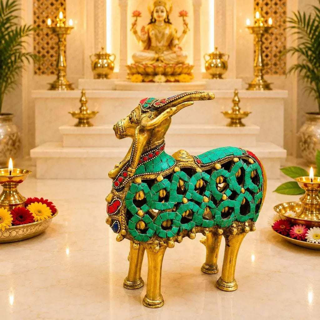 Brass Stone Work Standing Cow Idol Vedansh Craft