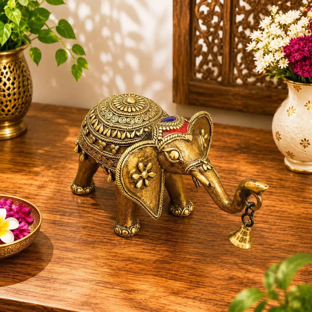 Brass Handcrafted Dhokra Elephant Statue With Bell (5.5 Inch) Vedansh Craft
