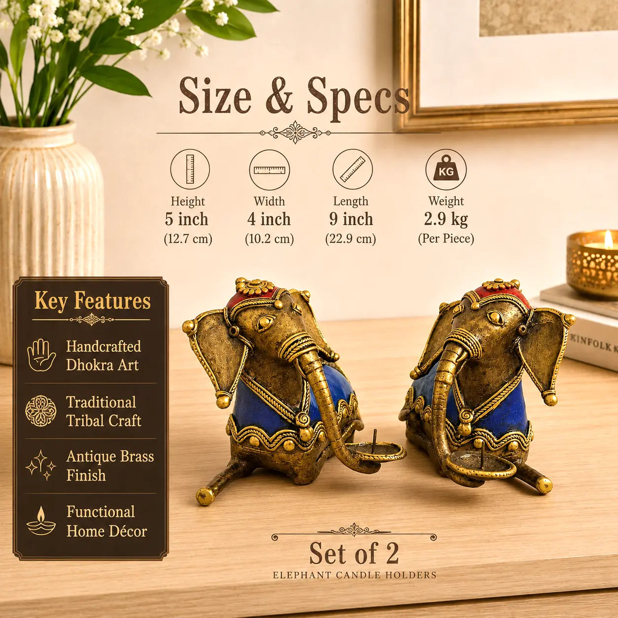 Brass Dhokra Sitting Elephant Statue Set With Candle Holder (5 Inch) Vedansh Craft