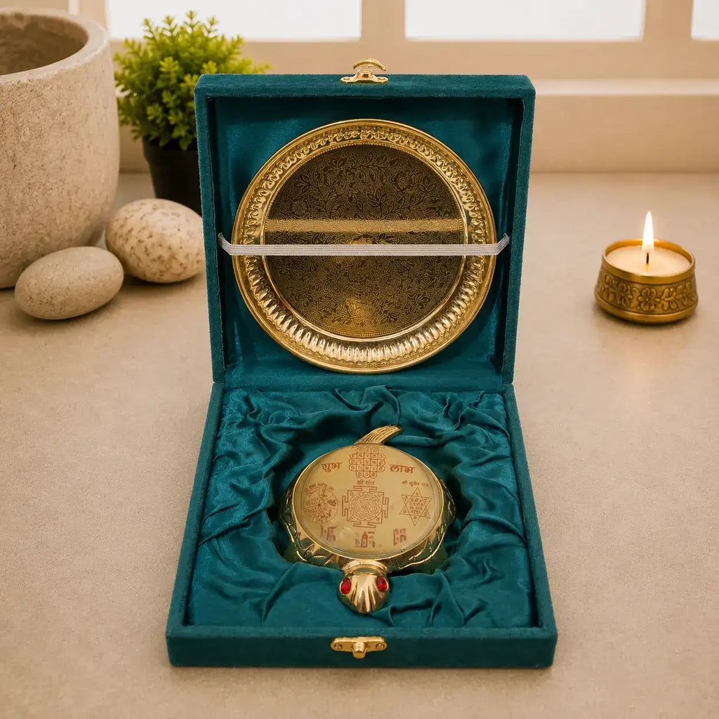 Brass Vastu Glass Shree Yantra Tortoise And Plate With Velvet Box (6 Inch) Vedansh Craft