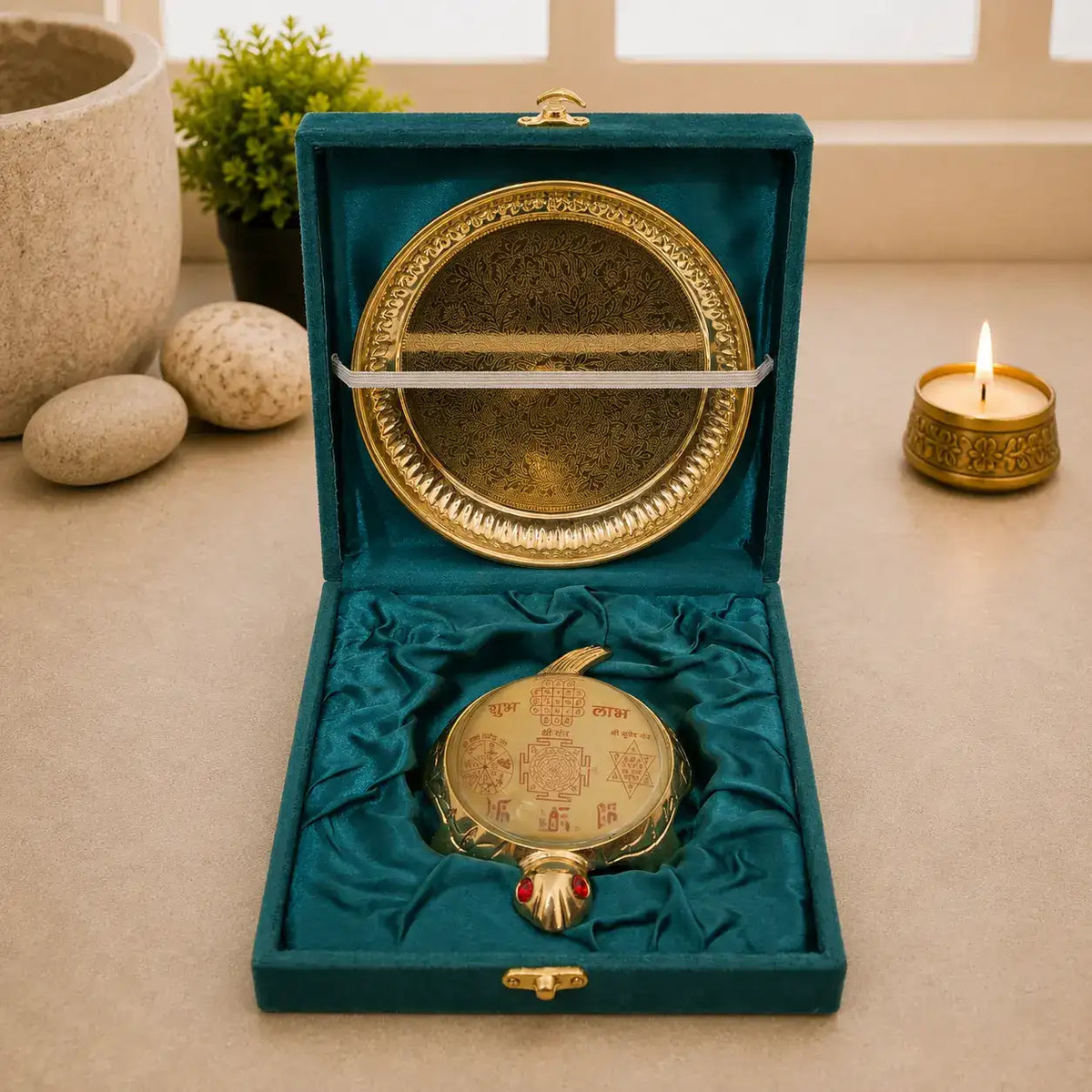 Brass Vastu Glass Shree Yantra Tortoise And Plate With Velvet Box (6 Inch) Vedansh Craft