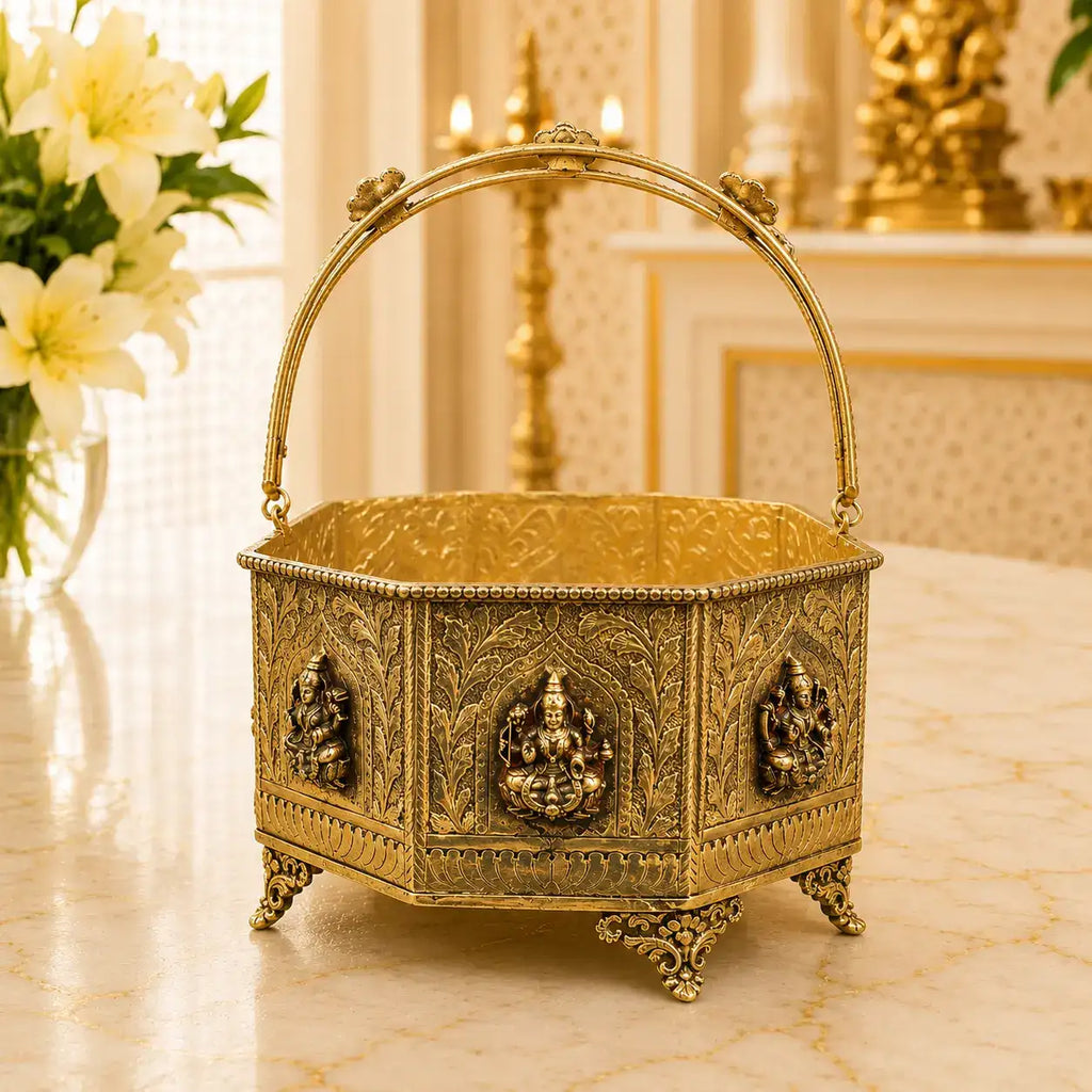 Brass Ashtalakshmi Basket With Handle And Leg (4 Inch) Vedansh Craft