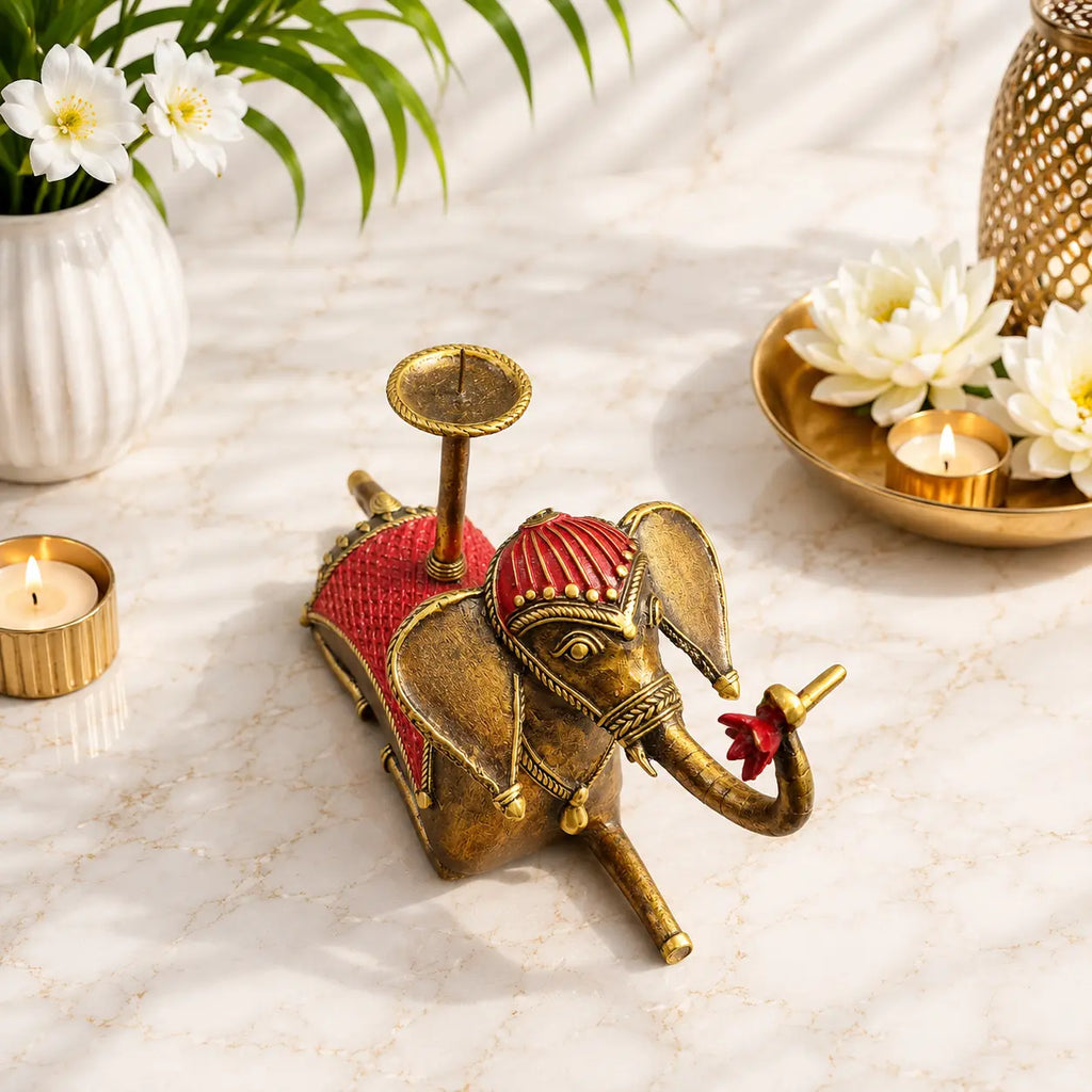 Brass Dhokra Sitting Elephant Statue With Candle Holder (5 Inch) Vedansh Craft