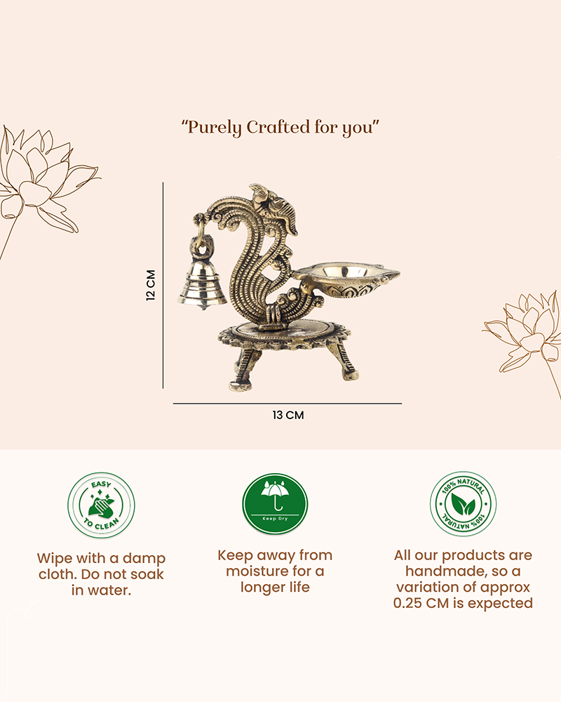 Traditional Brass Aarti Diya with Parrot Design with Hanging Bell