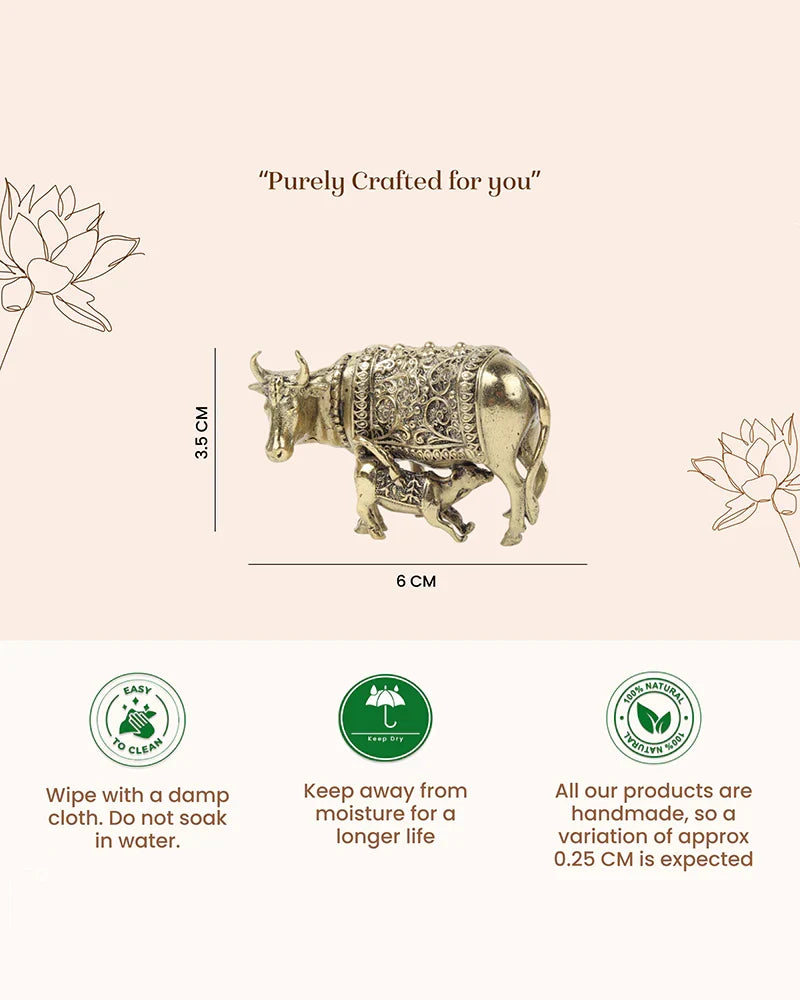Pure Brass Kamdhenu Cow with Calf Idol for Home Temple and Pooja Room