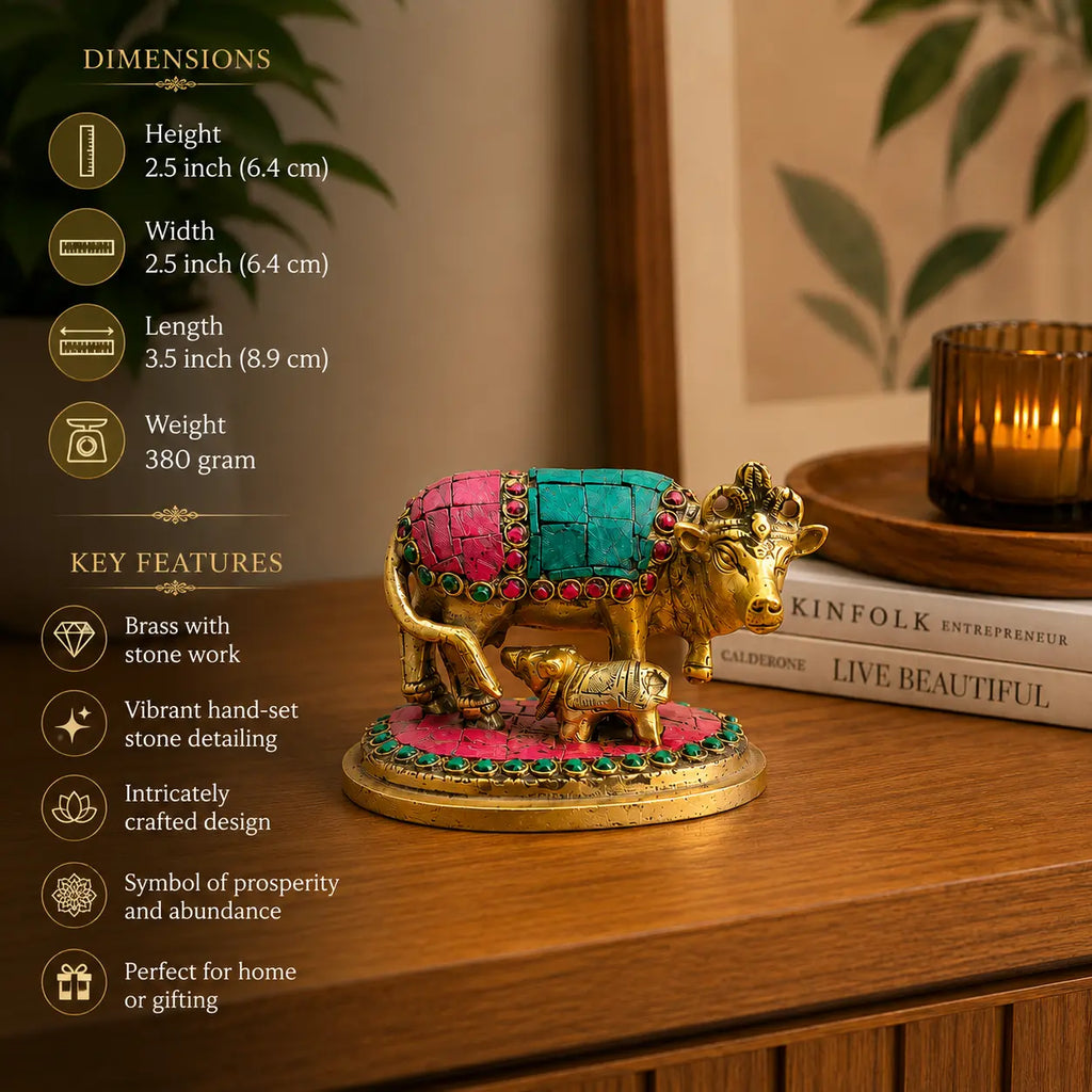 Brass Stone Work Kamdhenu Cow Idol (2.5 Inch) Vedansh Craft