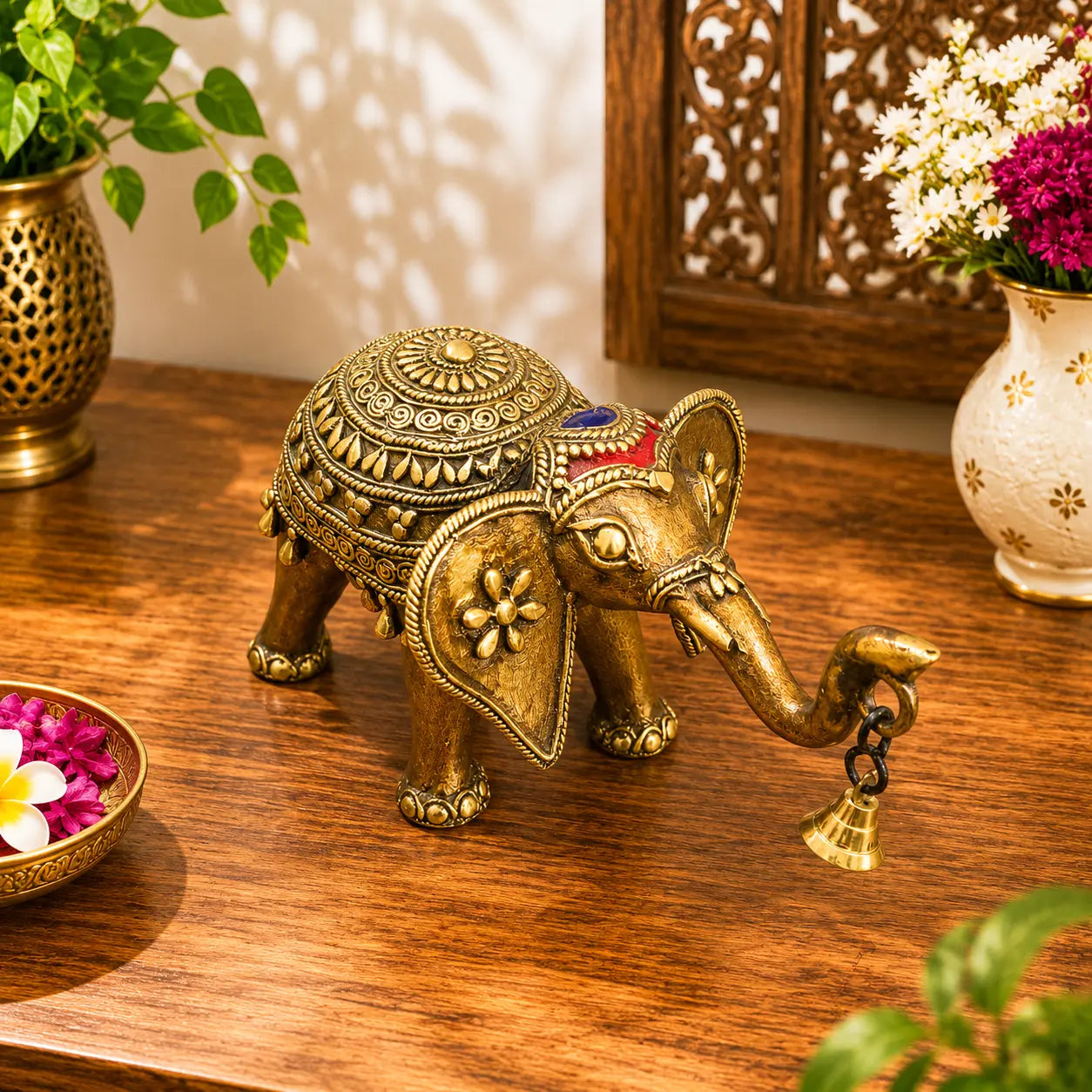 Brass Handcrafted Dhokra Elephant Statue With Bell (5.5 Inch) Vedansh Craft