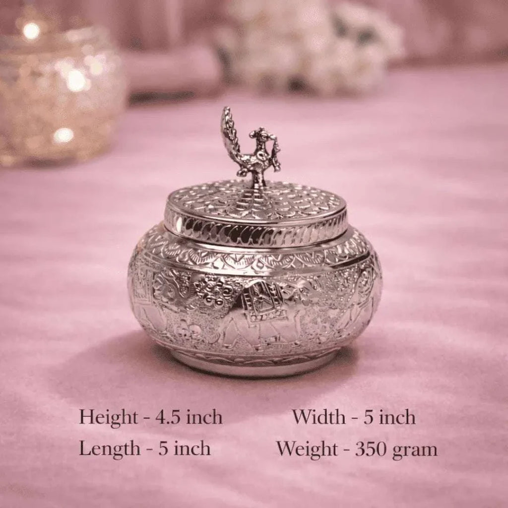 German Silver Storage Container/Supari Box With Lid (4.5 Inch) Vedansh Craft