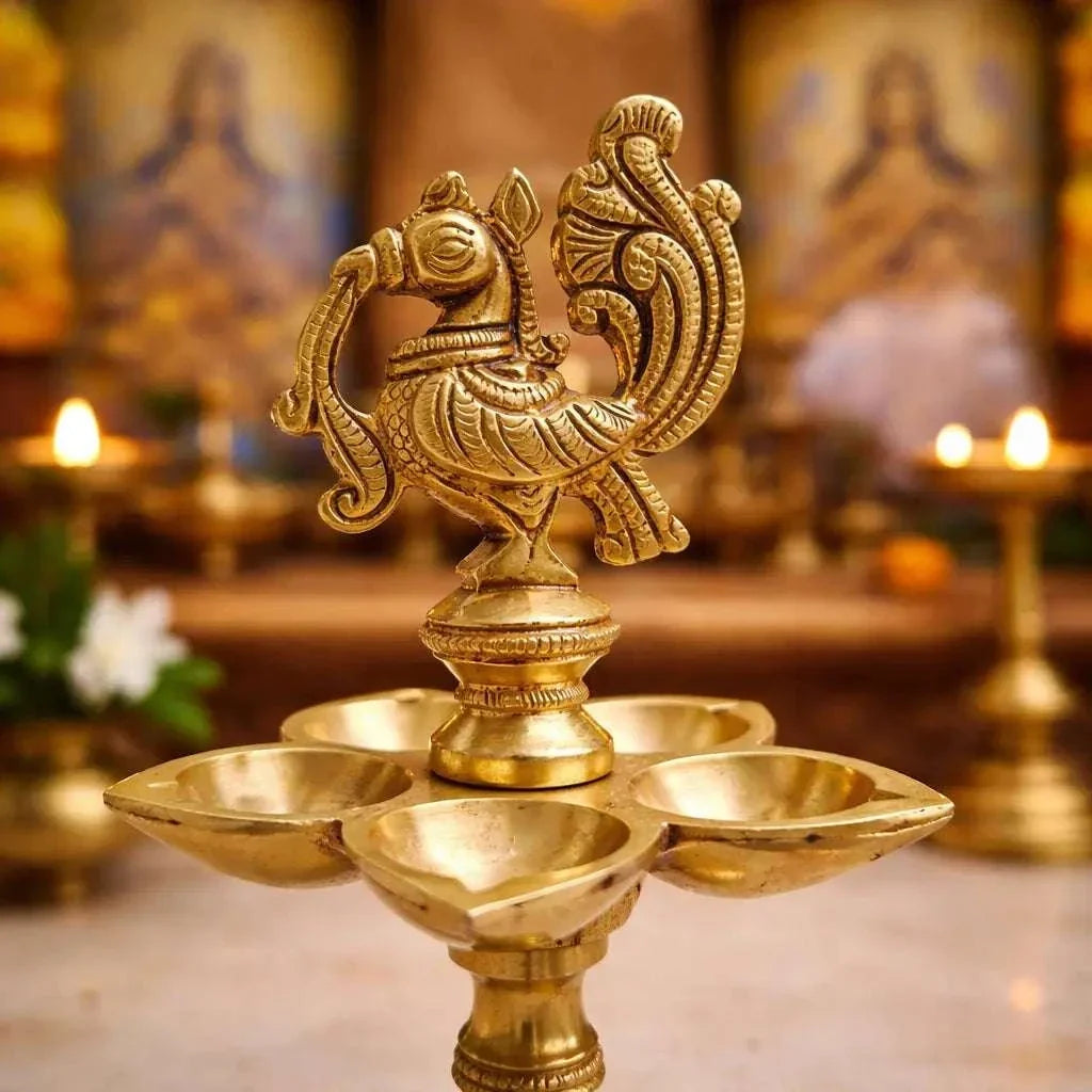 Brass Ethnic Five Petal Peacock Diya / Lamp (7.5 Inch) Vedansh Craft