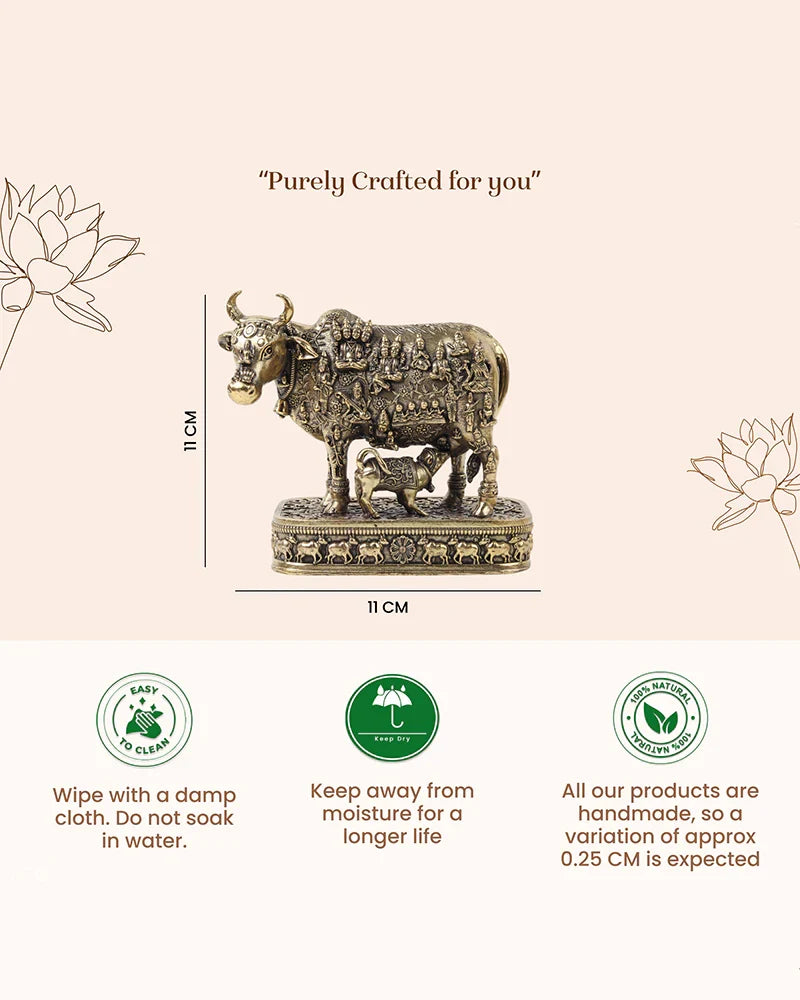 Brass Kamdhenu Cow Idol with Calf for Home Temple and Decor