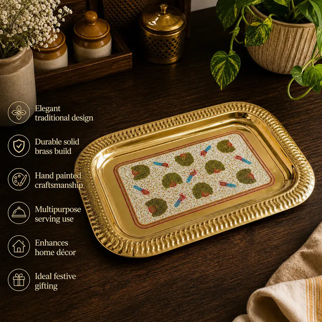 Brass Hand Painted Peacock Serving Tray / Platter Vedansh Craft